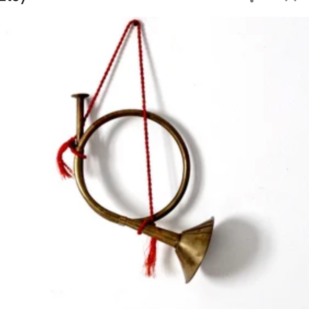 Vintage 2/,Brass Horn Tree Ornament, Instrument Red Tassel, Wreath Decor, 12”